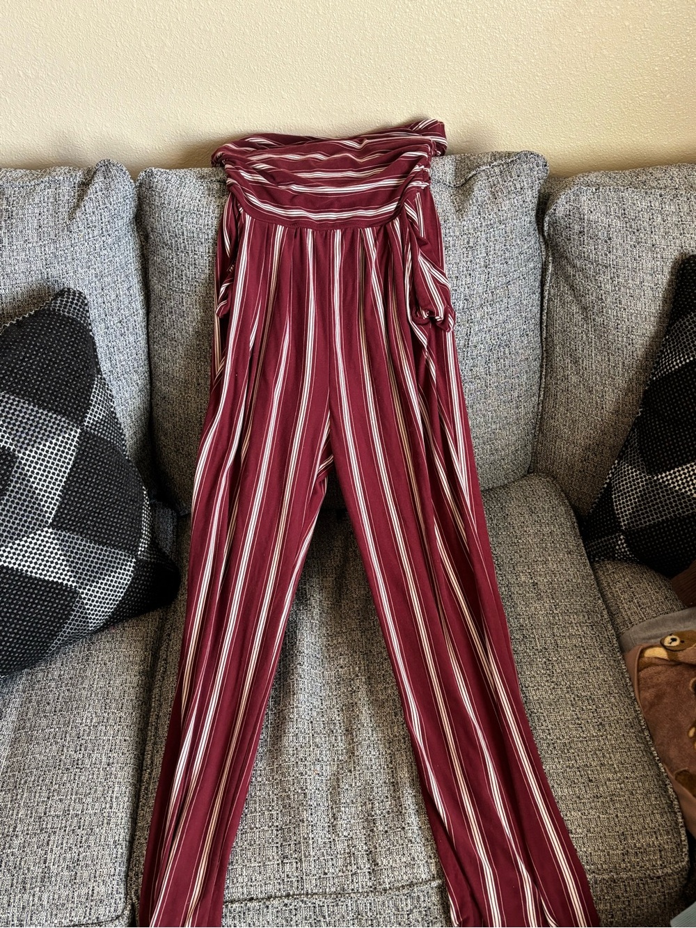 Rue21 Vertical Stripe Wide-Leg Jumpsuit - Maroon & White